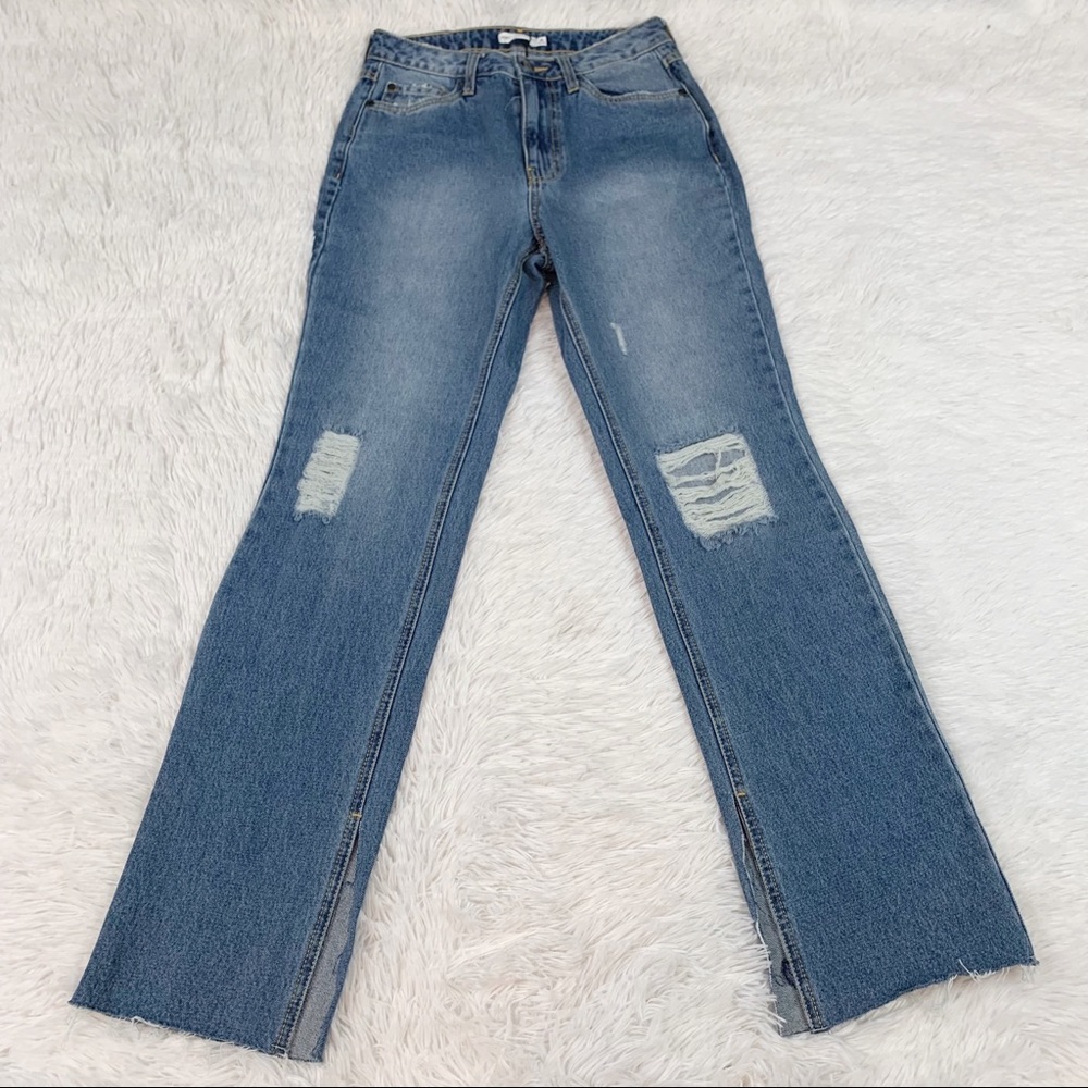 Avec Les Filles high waisted distressed‎ straight jeans slit raw hem medium wash